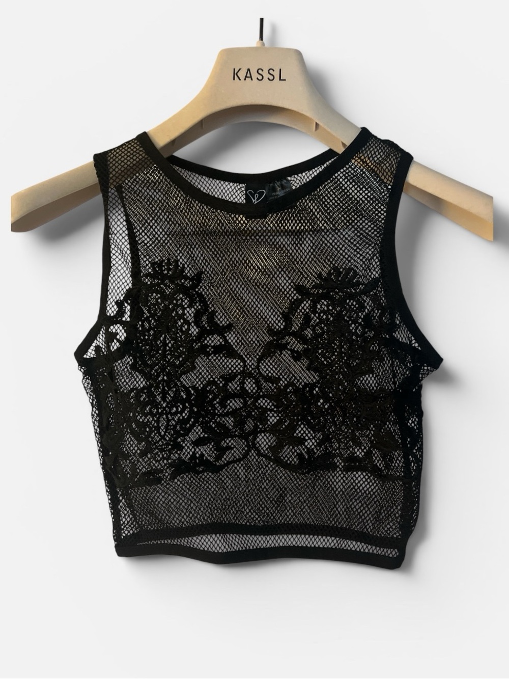 WINDSOR Women’s Black Fishnet Crop Top with Embroidery